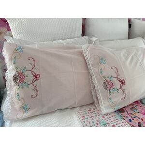Vintage Pillowcases Pair Hand Embroidered Floral Basket Eyelet Trim 1960s